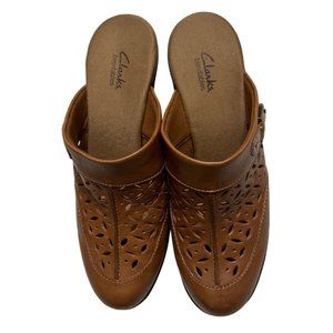 Clarks Bendables Women’s Leather Mule Slip on 6M Camel Tan Open Heel Clogs